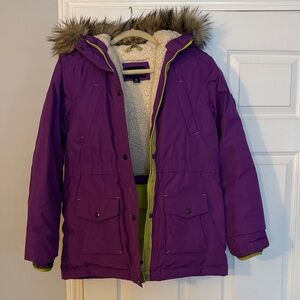 Lands End Purple Kids Puffer Jacket with Faux Fur Hood XL 16